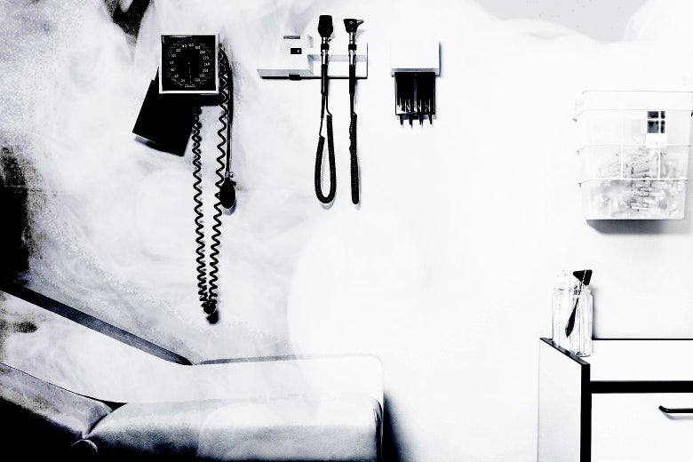 An exam room rendered in stark black and white.
